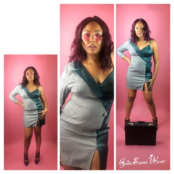 One Shoulder Sleeve Contrast Green Grey Mini Dress Sizes Small Medium Large - Picture 5 of 7